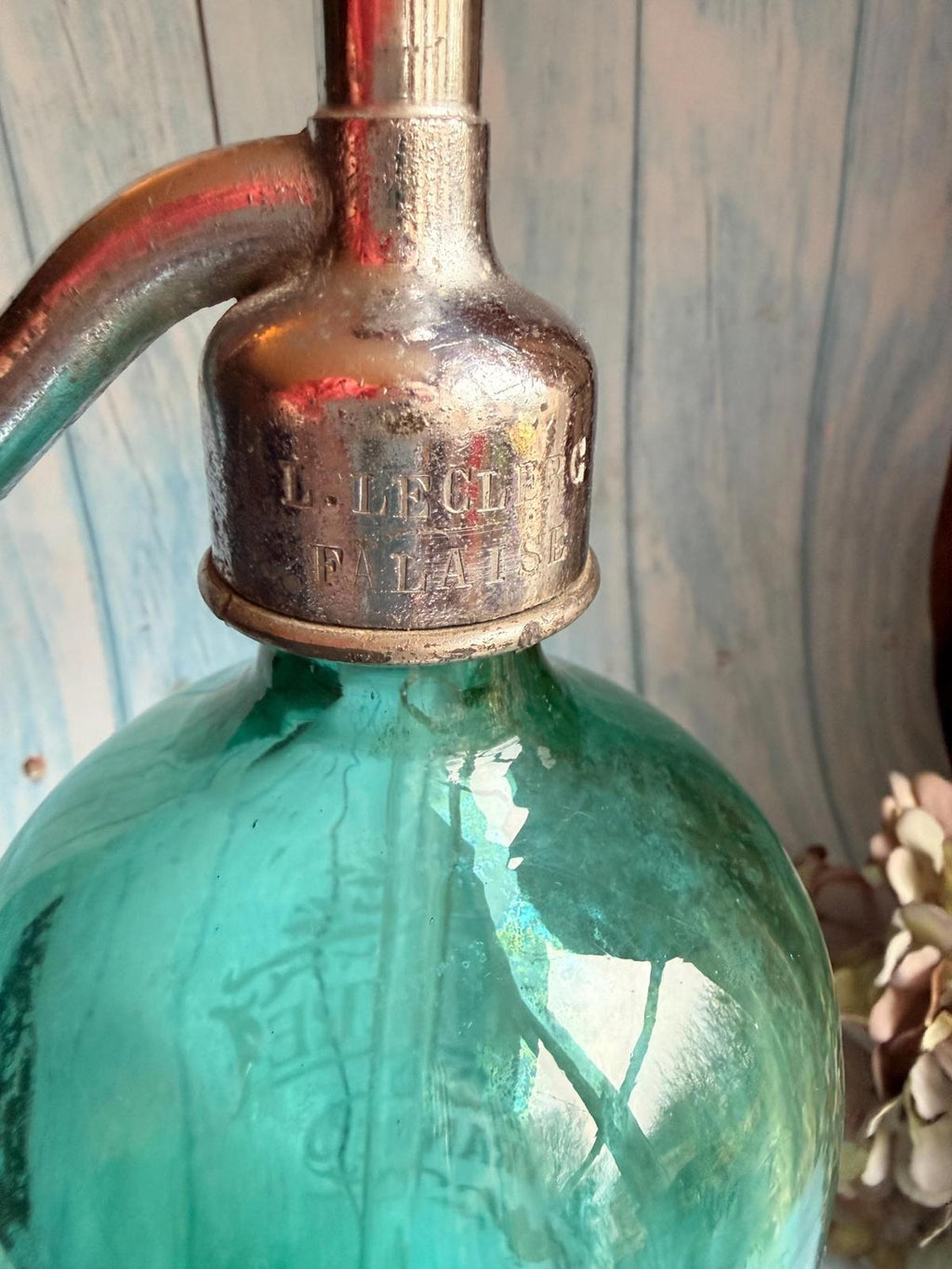 Antique French Aqua Glass Etched Advertising Soda Syphon