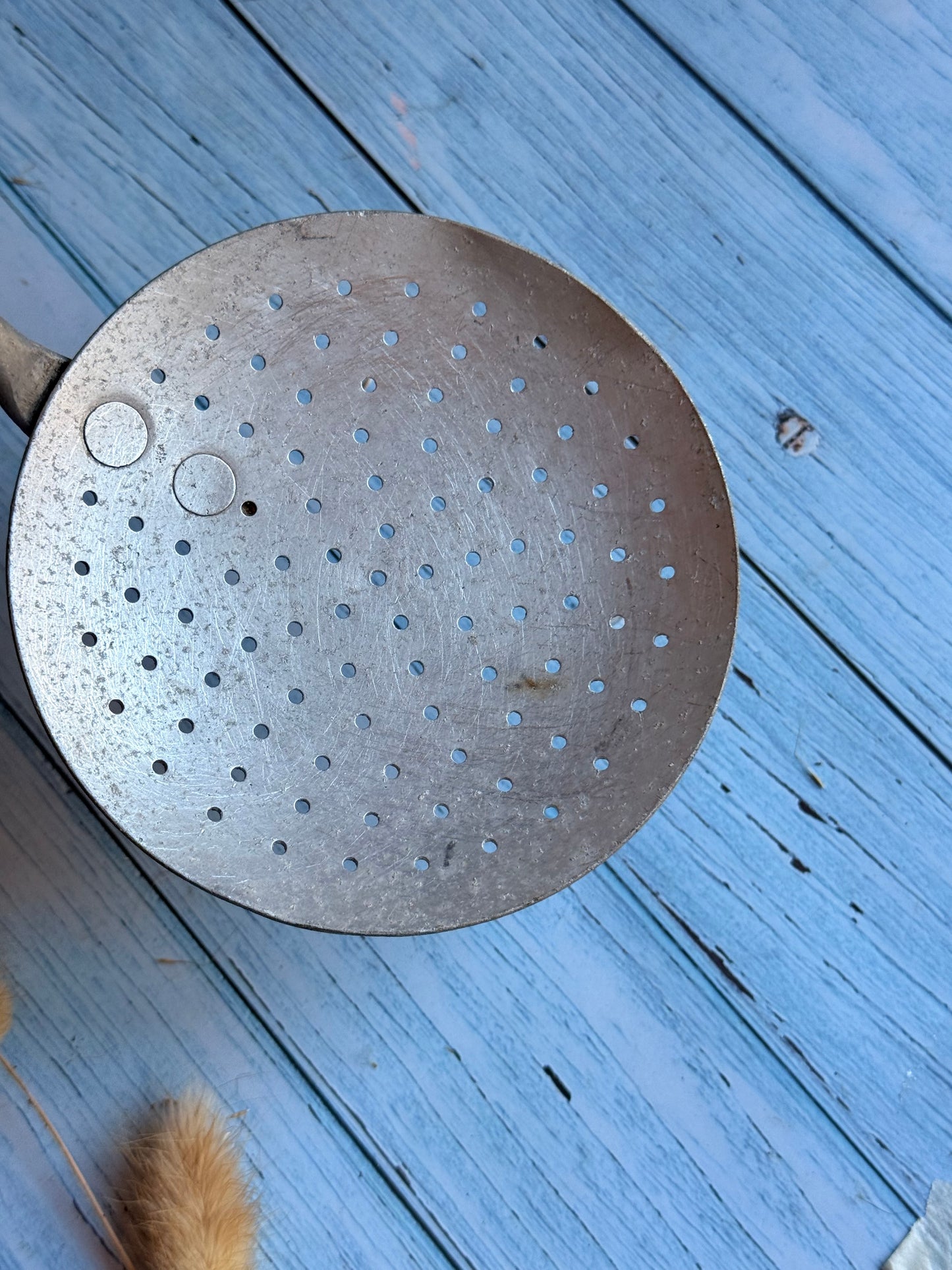 Vintage French 1950s Tournus Unis Strainer Spoon, Wood and Aluminium