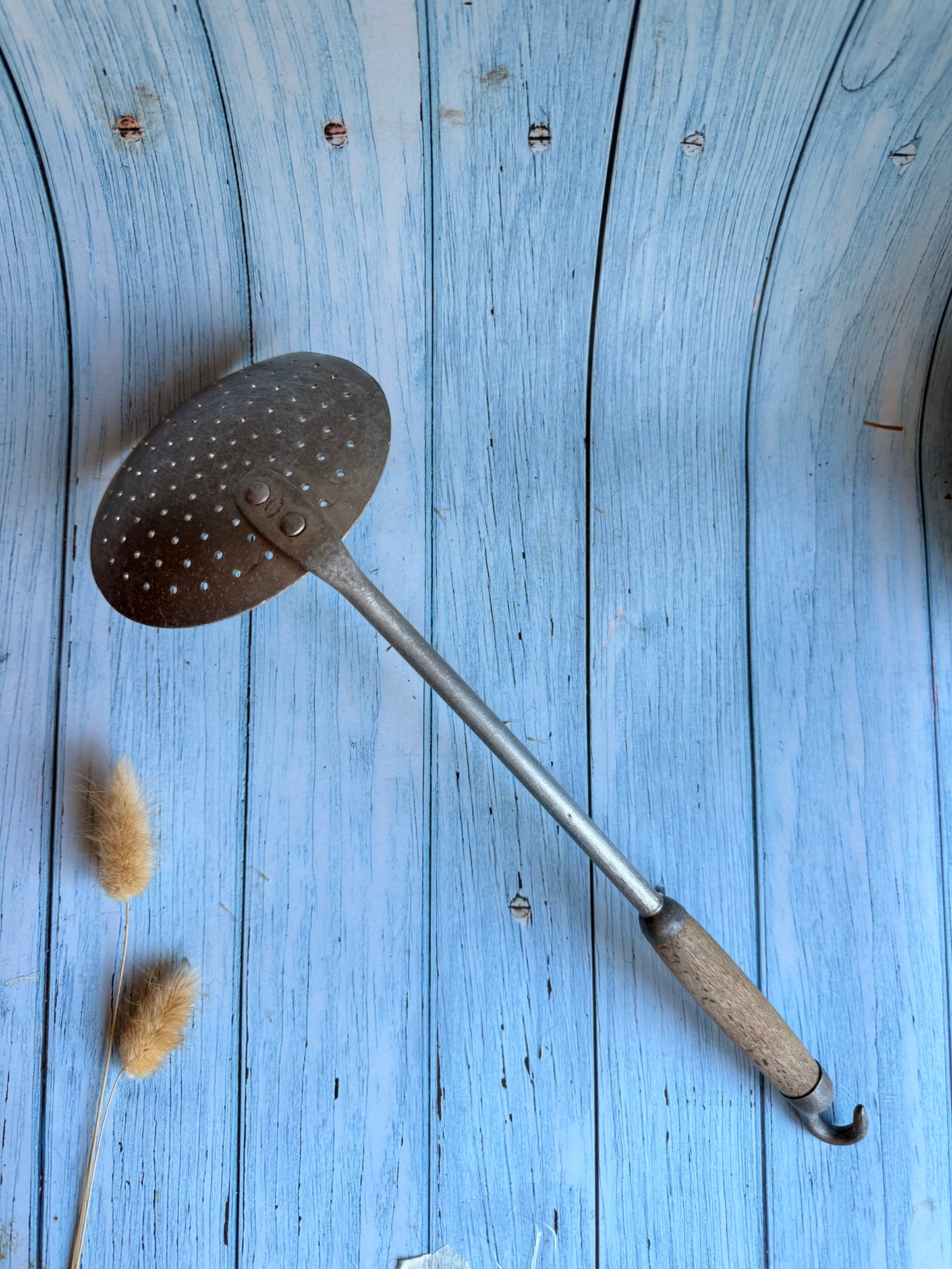 Vintage French 1950s Tournus Unis Strainer Spoon, Wood and Aluminium