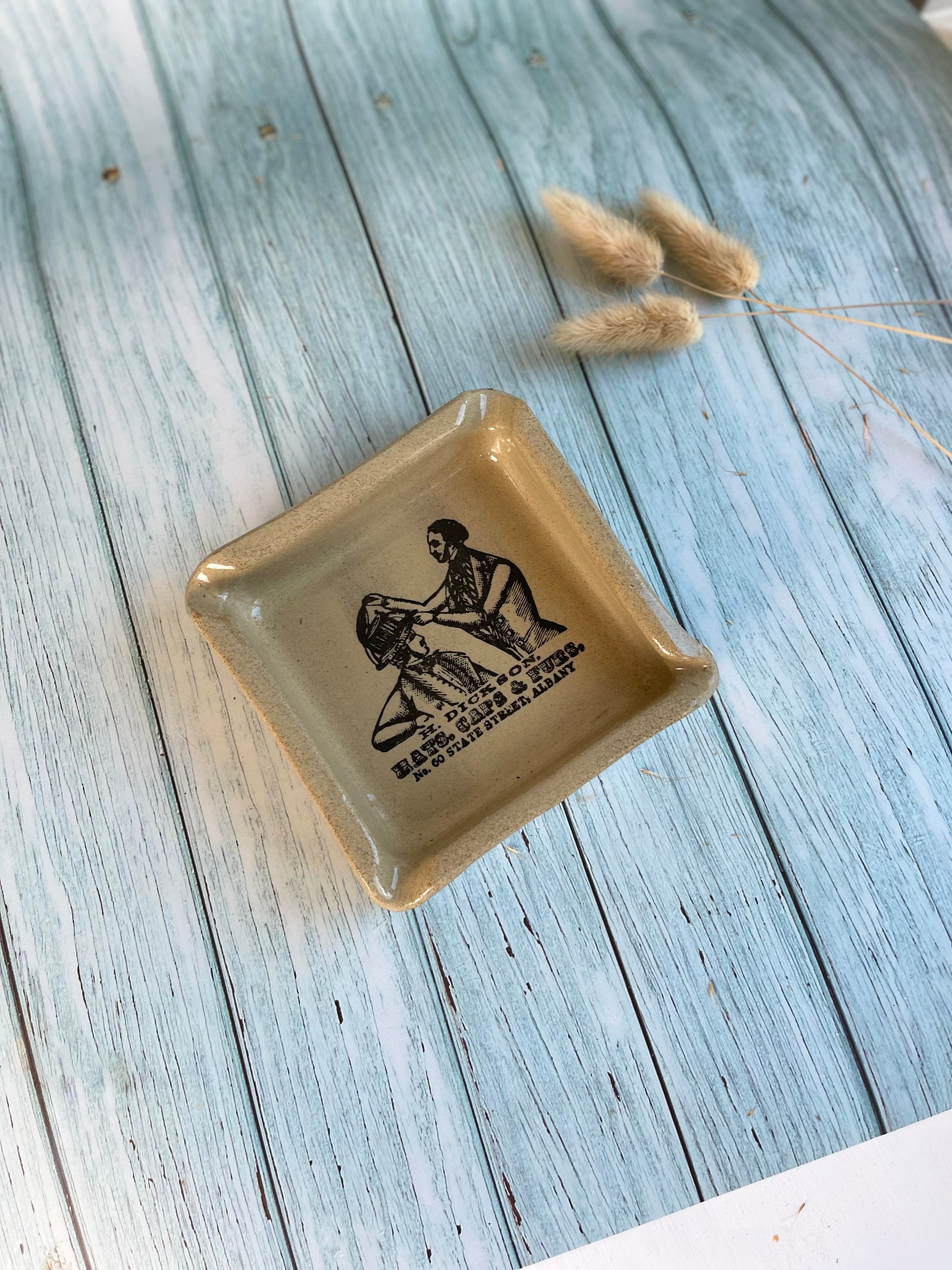 Vintage English Moira Handmade Stoneware Advertising Ashtray / H. Dickson, Hats, Caps & Furs, No 60, State Street, Albany