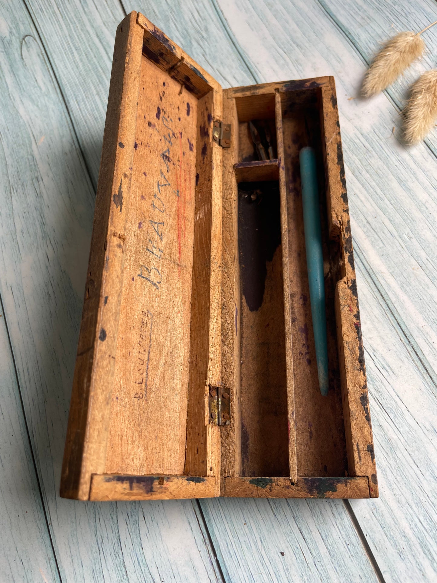 Antique French Plumier / Fountain Pen Wooden Box with Hinged Lid