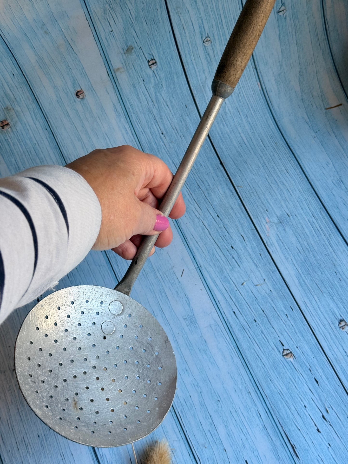 Vintage French 1950s Tournus Unis Strainer Spoon, Wood and Aluminium