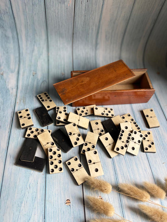 Antique French Bone & Ebony Dominoes – Set of 28 with Brass Pegs – Original Wooden Box
