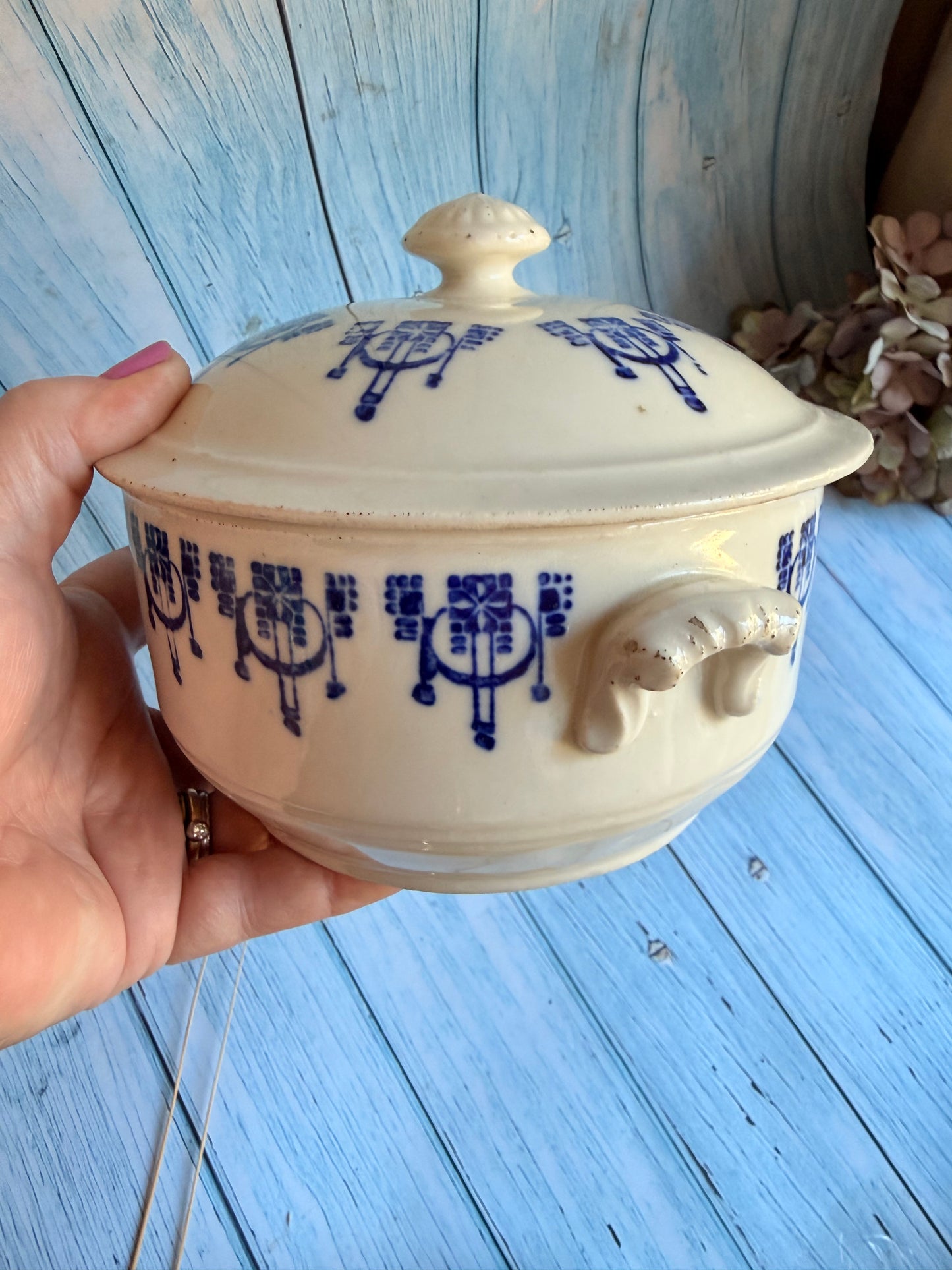 Small Antique French St Uze Soupier with Lid - Blue and White Transferware