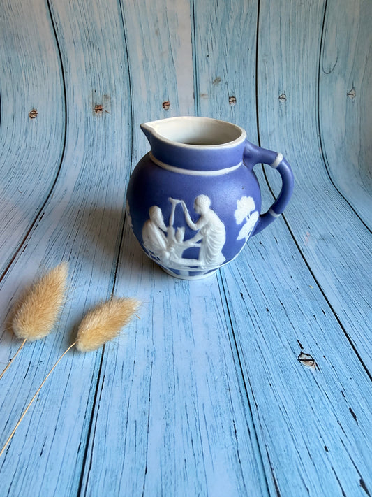 Antique Continental White Cameo Style Relief on Cobalt Blue Porcelain Creamer Jug