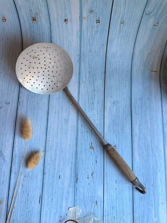Vintage French 1950s Tournus Unis Strainer Spoon, Wood and Aluminium
