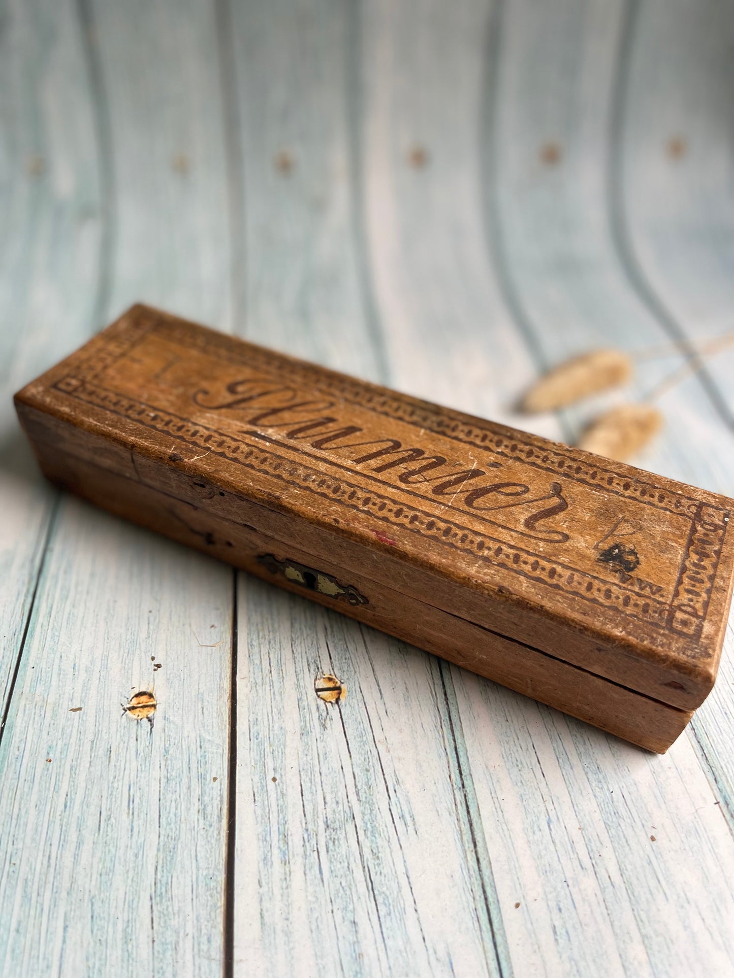 Antique French Plumier / Fountain Pen Wooden Box with Hinged Lid