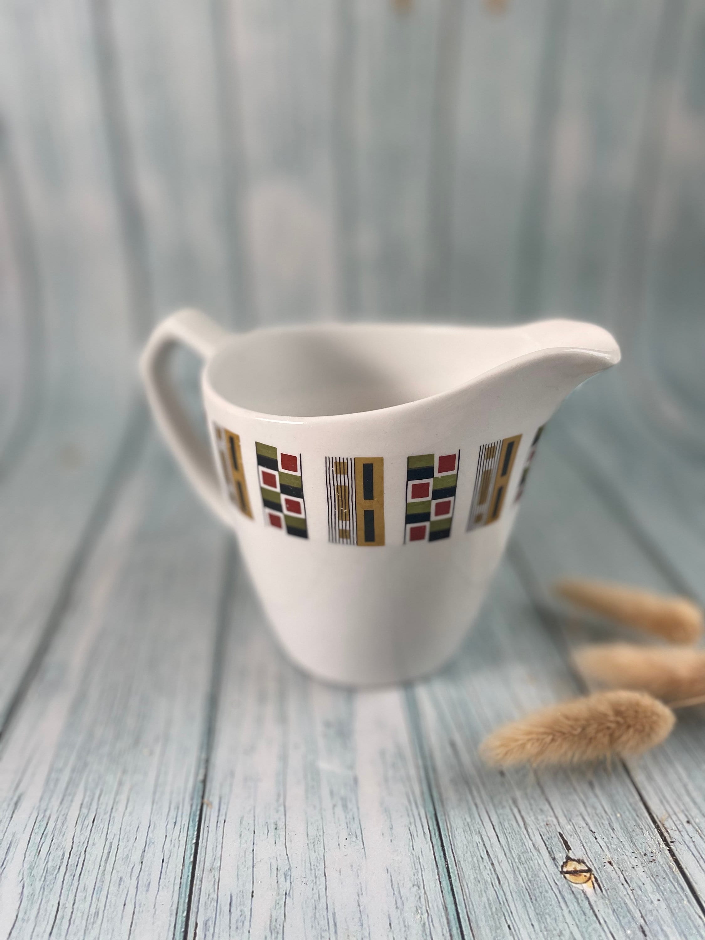 Mid-Century Alfred Meakin Glo-white Ironstone Milk Jug or Pitcher / 1960s 70s Geometric Abstract Retro Design
