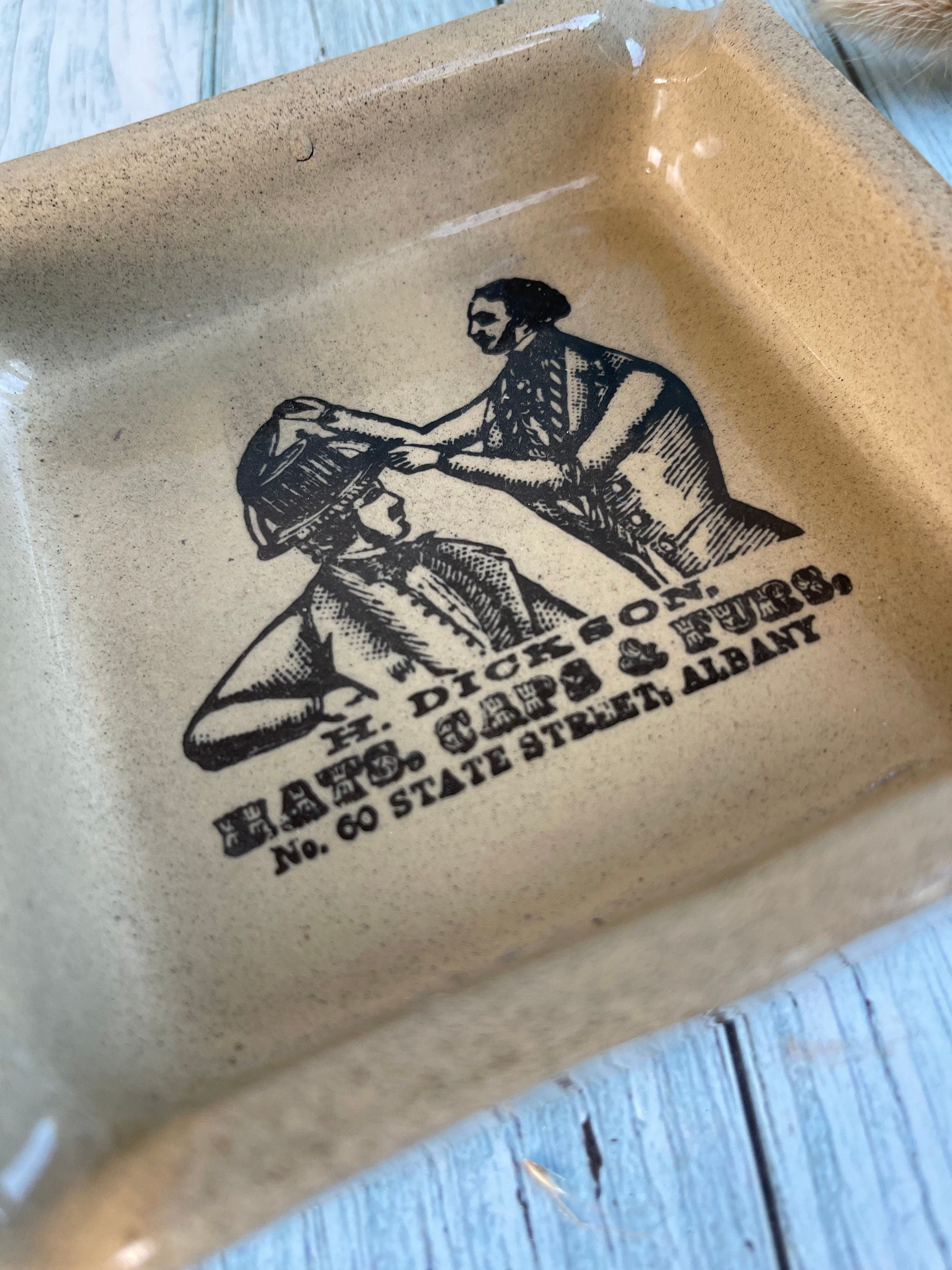 Vintage English Moira Handmade Stoneware Advertising Ashtray / H. Dickson, Hats, Caps & Furs, No 60, State Street, Albany