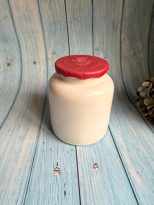 French Stoneware Moutarde du Temeraire Mustard Pot with Plastic Lid