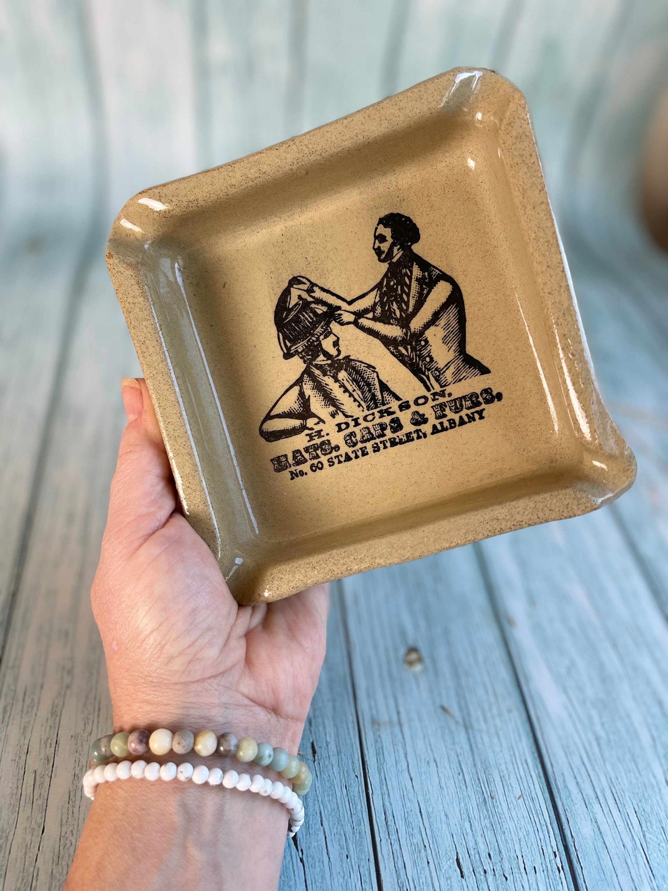 Vintage English Moira Handmade Stoneware Advertising Ashtray / H. Dickson, Hats, Caps & Furs, No 60, State Street, Albany
