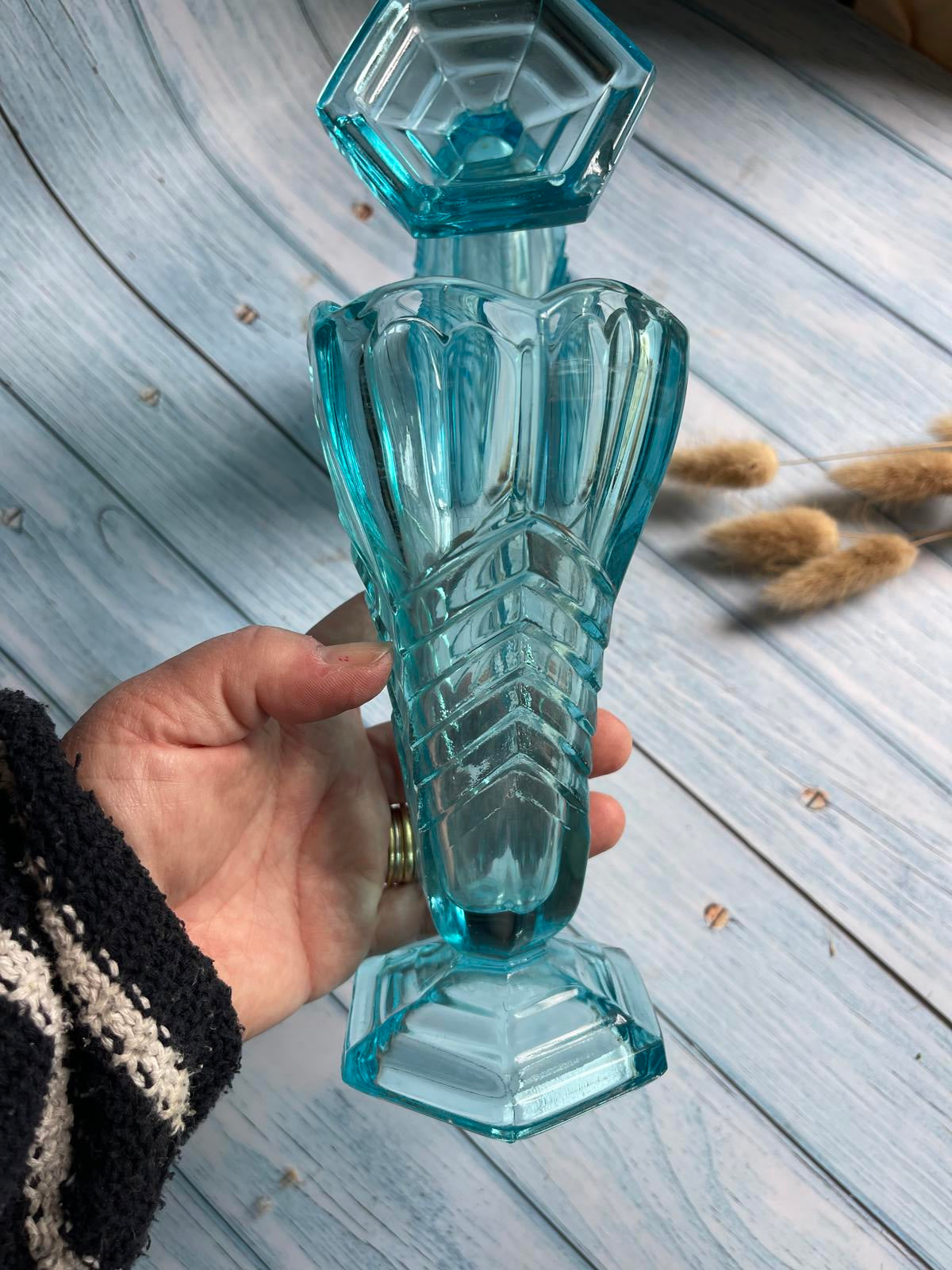 Pair of Art Deco 1930s Davidson Turquoise Blue Glass Sundae Glasses – Hexagonal Shape