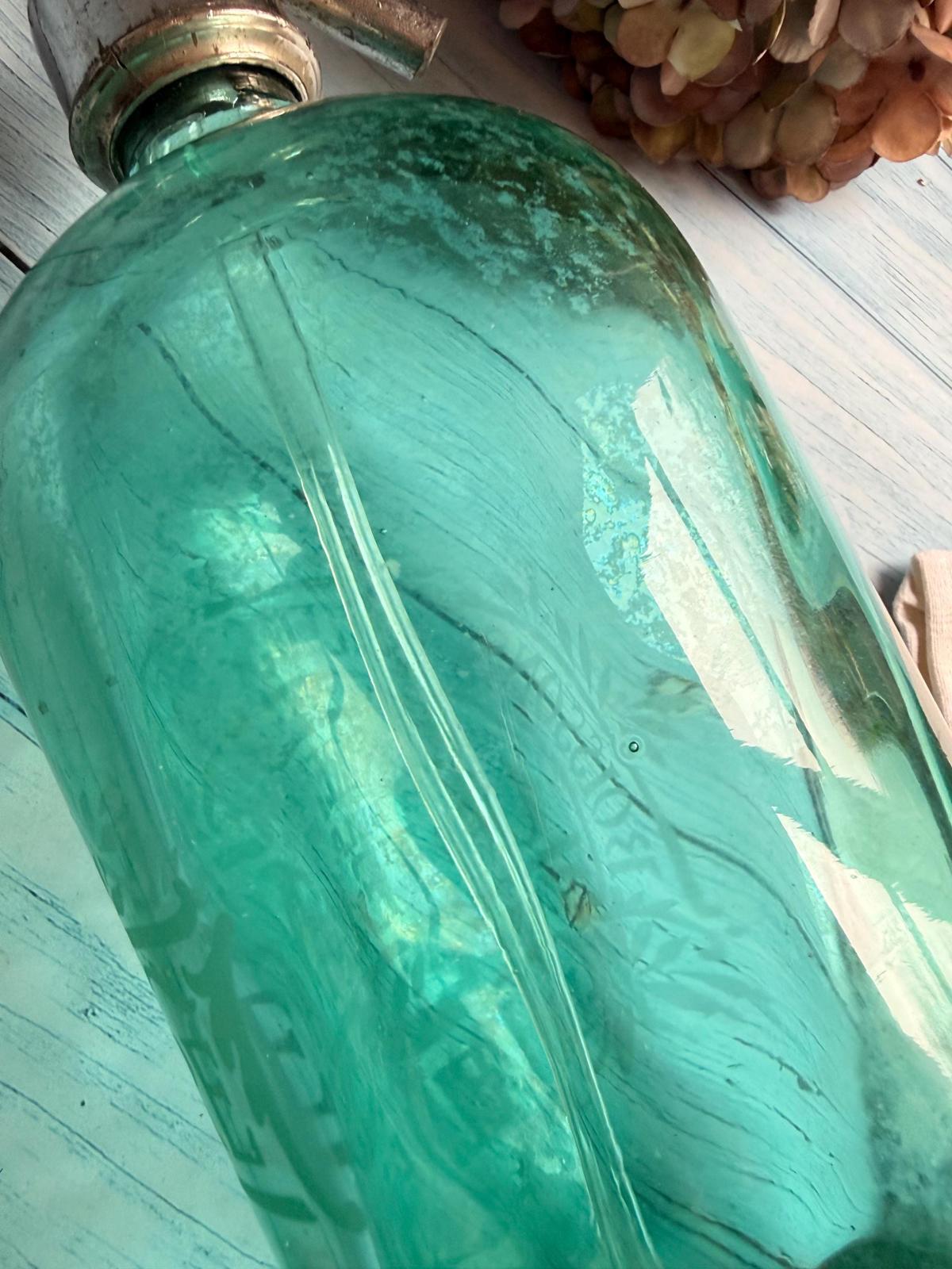 Antique French Aqua Glass Etched Advertising Soda Syphon