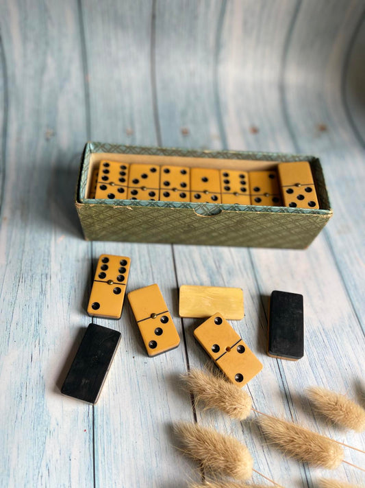 Antique English Bakelite & Brass Domino Set – Original Patterned Box