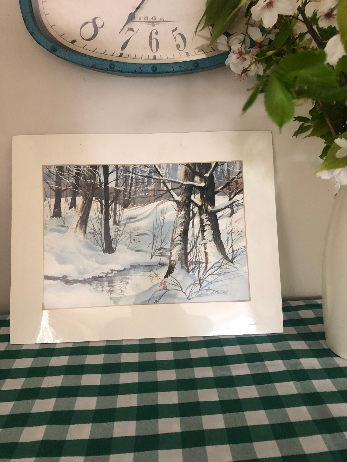 Winter Wood with trees and stream. Mounted unframed print by American artist Patricia M. Browne.