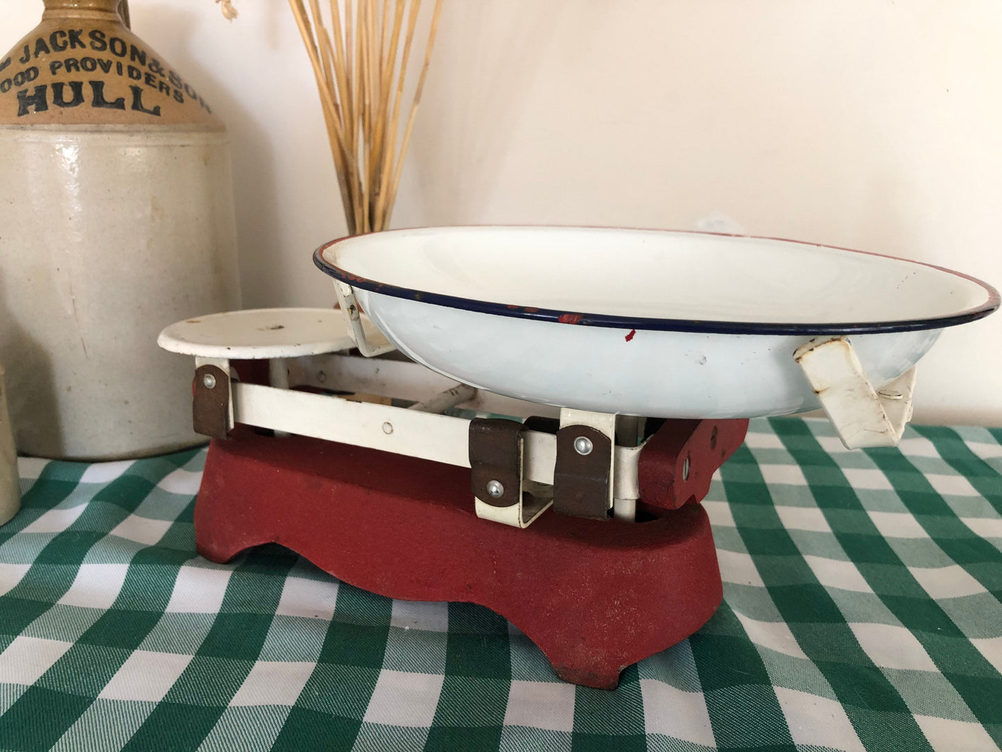 Mid-Century Beam Balance Kitchen Weighing Scales with Enamel Dish