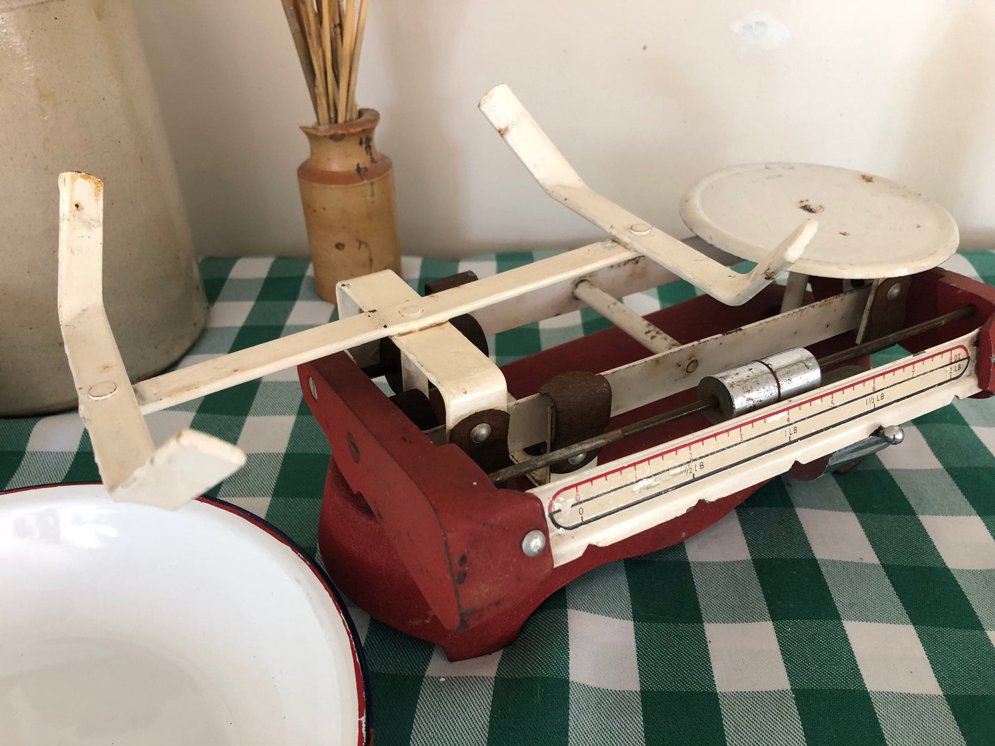 Mid-Century Beam Balance Kitchen Weighing Scales with Enamel Dish