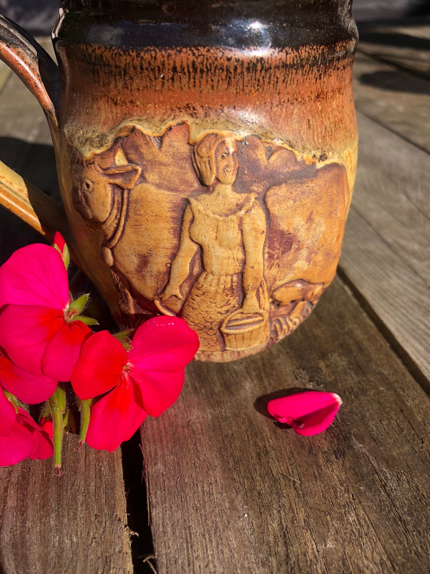 Earthenware Studio Pottery Jug with Milkmaid Cow Details