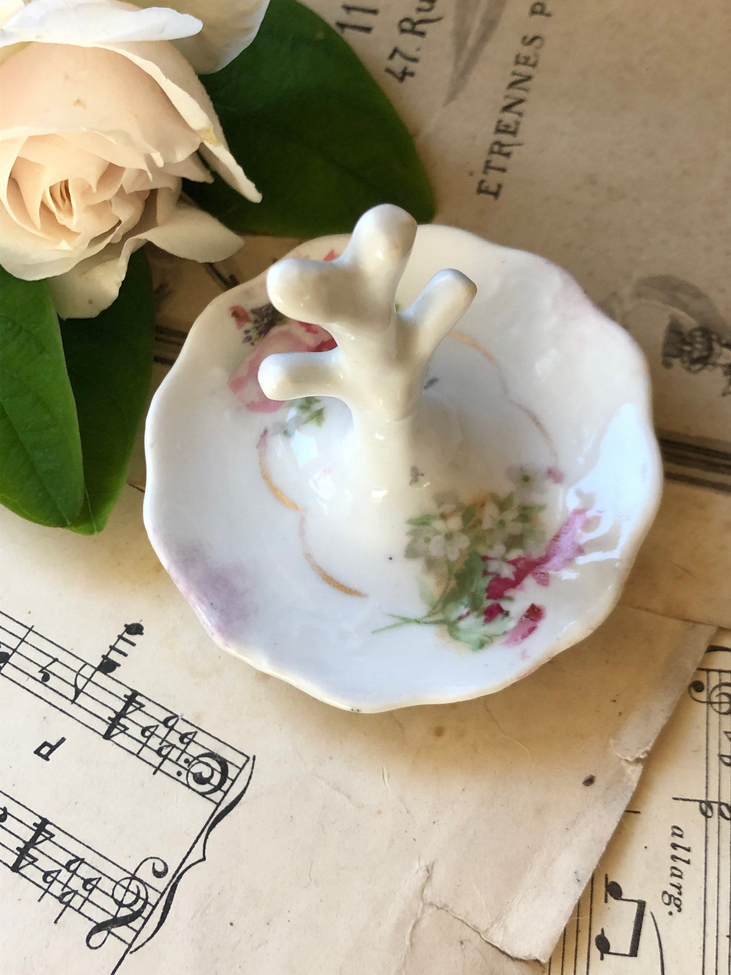 Vintage Bone China Traditional Kitsch Ring Tree with Floral Design Pattern