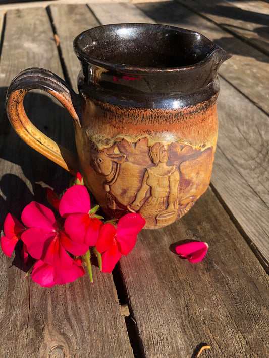 Earthenware Studio Pottery Jug with Milkmaid Cow Details