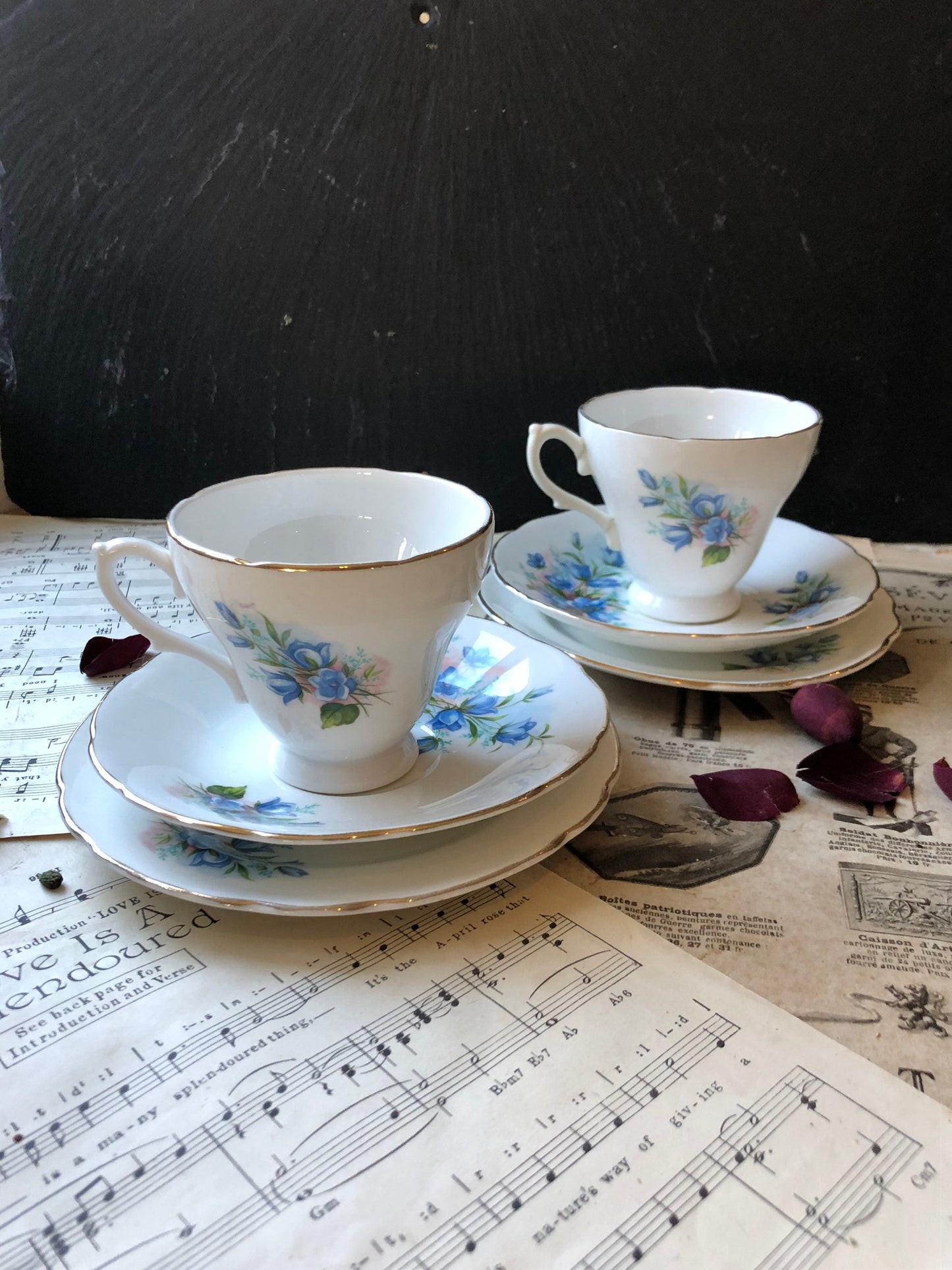 Pair of Vintage Royal Kendall Fine Bone China Tea Trios / Pedestal Cup / Saucer / Cake Plate / Blue Flowers / Gilt Edge