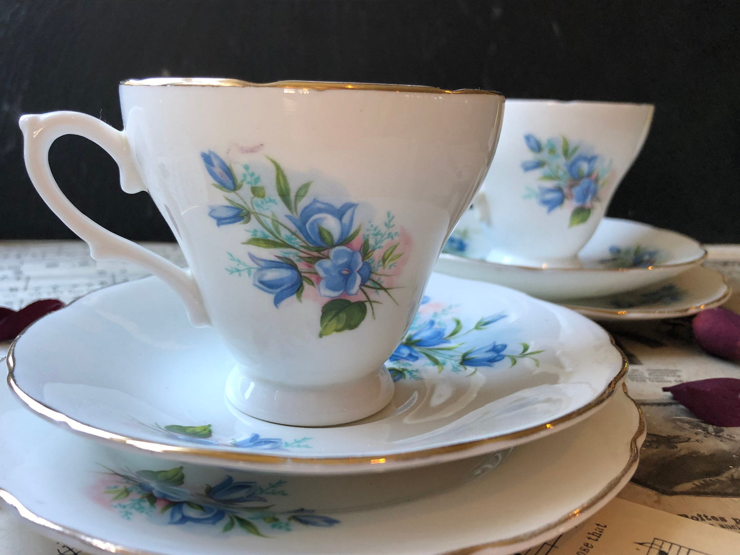 Pair of Vintage Royal Kendall Fine Bone China Tea Trios / Pedestal Cup / Saucer / Cake Plate / Blue Flowers / Gilt Edge