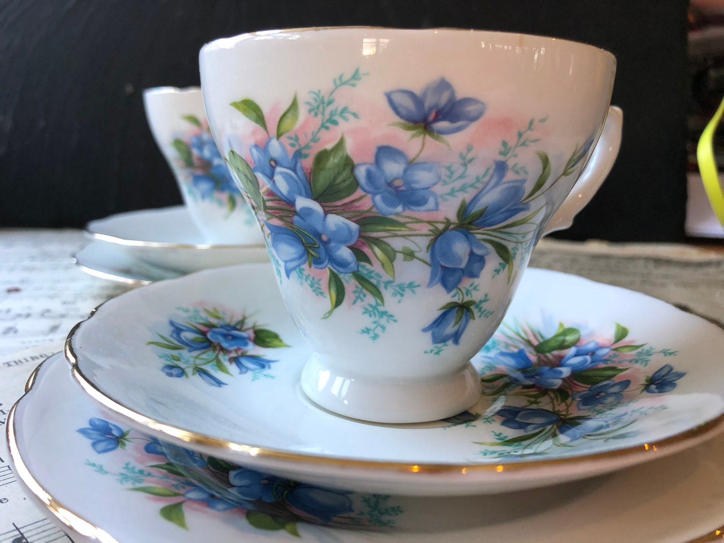 Pair of Vintage Royal Kendall Fine Bone China Tea Trios / Pedestal Cup / Saucer / Cake Plate / Blue Flowers / Gilt Edge