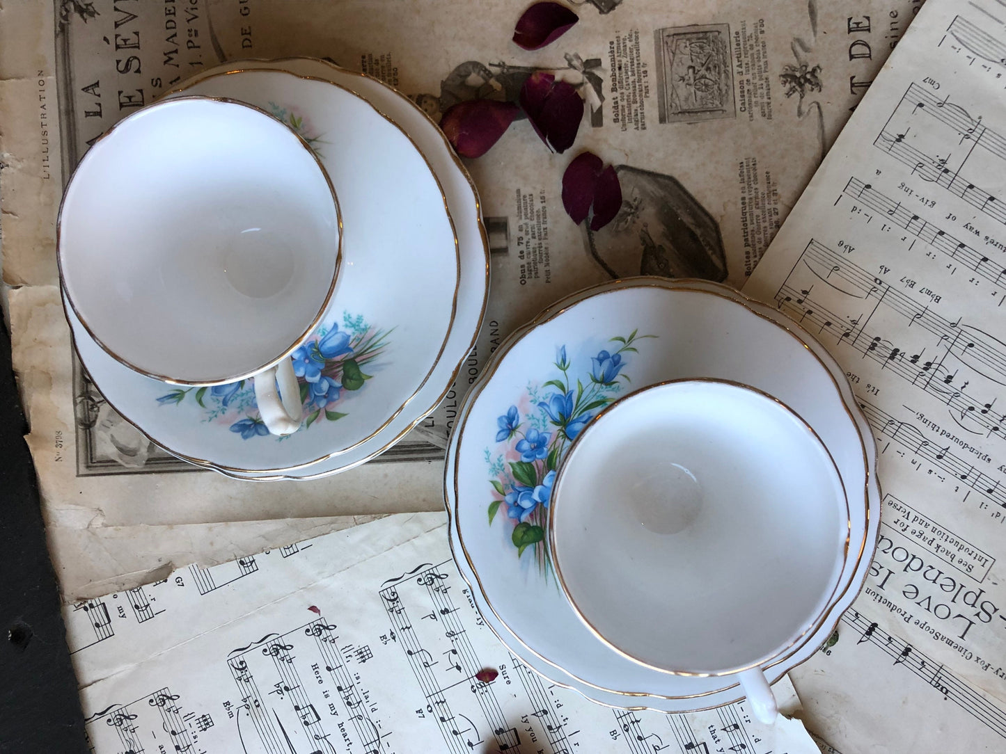 Pair of Vintage Royal Kendall Fine Bone China Tea Trios / Pedestal Cup / Saucer / Cake Plate / Blue Flowers / Gilt Edge