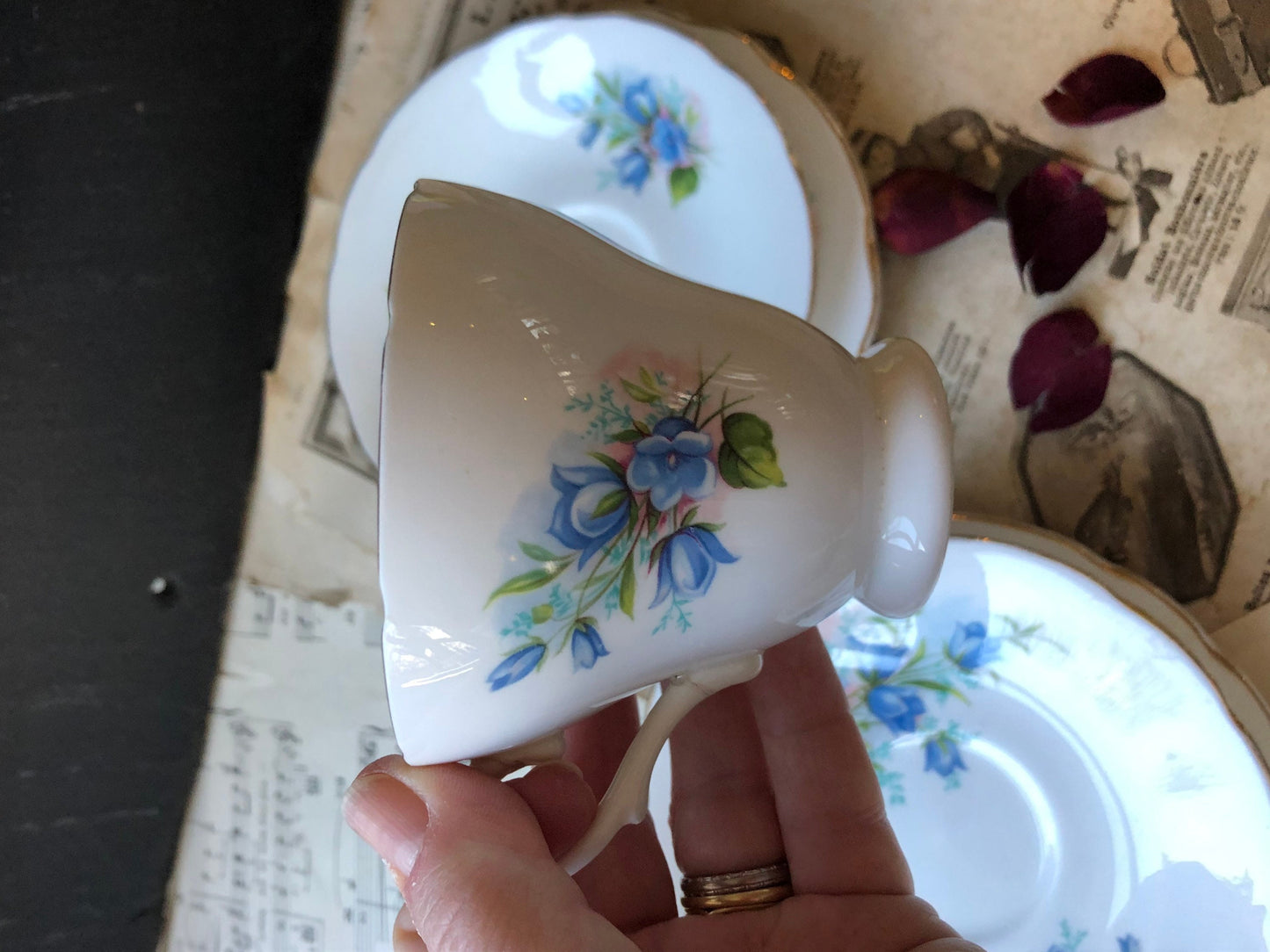 Pair of Vintage Royal Kendall Fine Bone China Tea Trios / Pedestal Cup / Saucer / Cake Plate / Blue Flowers / Gilt Edge