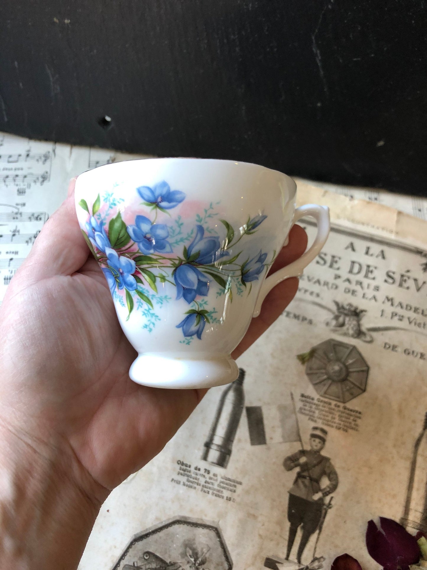 Vintage Royal Kendall Fine Bone China Tea Cup / Pedestal Cup / Blue Flowers / Gilt Edge