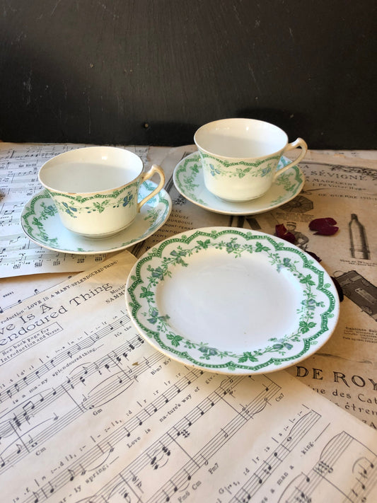 Art Nouveau Royal Stafford (Thomas Poole) Antique Tea Set / Tea Cups / Saucers / Cake Plate / White / Green / Blue Floral