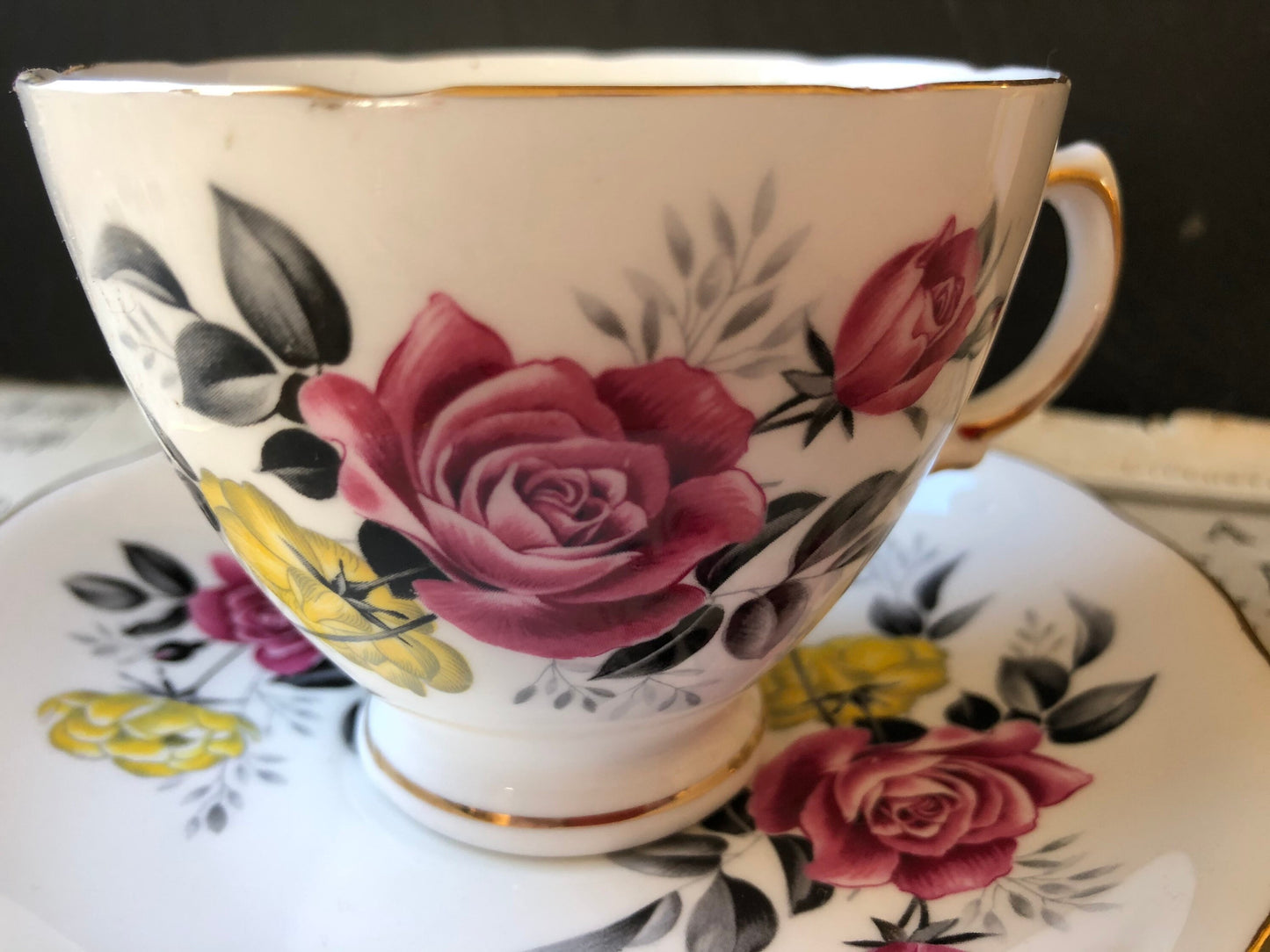 Tea Trio - Royal Vale Pink and Yellow Roses Vintage Bone China Tea Cup,  Saucer and Cake Plate made by Ridgway in England