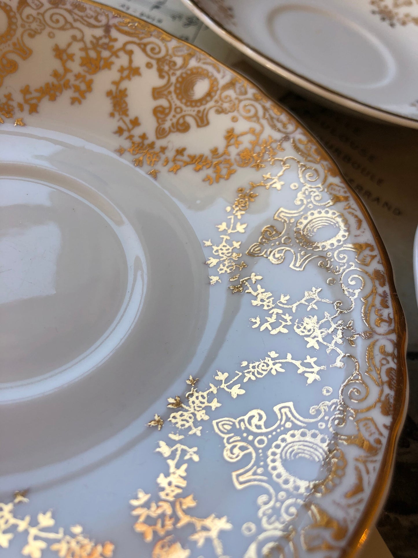 Three Vintage Bone China Saucers / Gold Chintz / Royal Pendant / Gilt Filigree