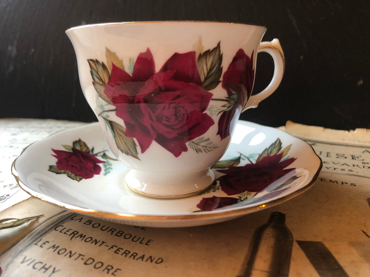 Tea Trio - Royal Vale Red Roses Gilt Edged Cup, Saucer and Cake Plate / English Bone China by Ridgway Potteries