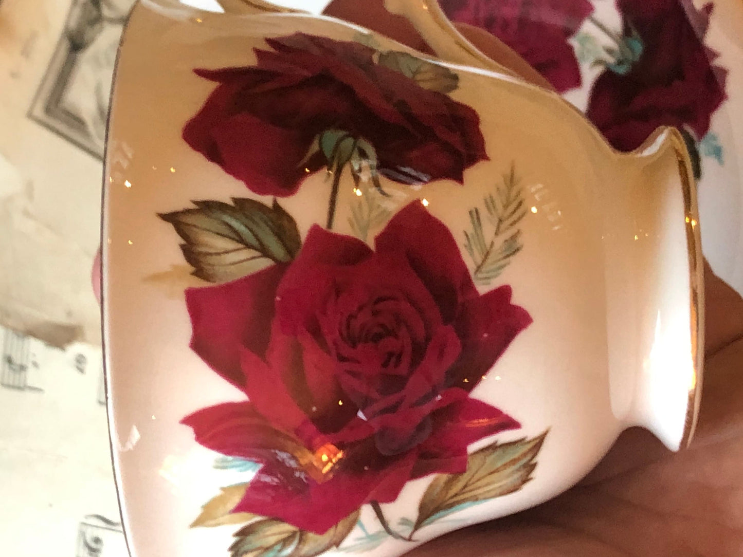 Tea Trio - Royal Vale Red Roses Gilt Edged Cup, Saucer and Cake Plate / English Bone China by Ridgway Potteries