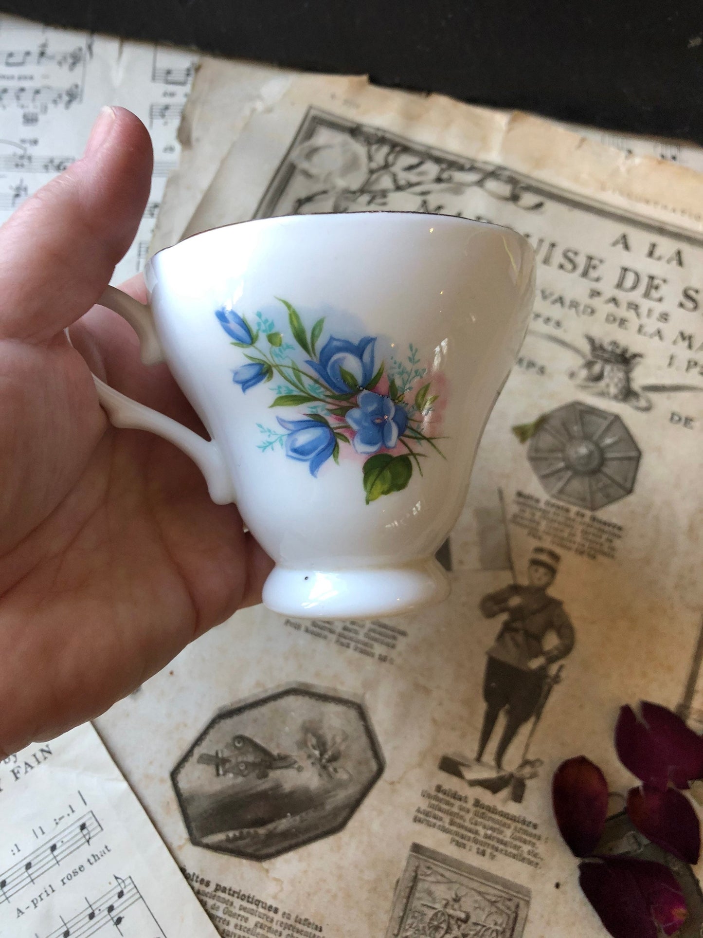 Vintage Royal Kendall Fine Bone China Tea Cup / Pedestal Cup / Blue Flowers / Gilt Edge