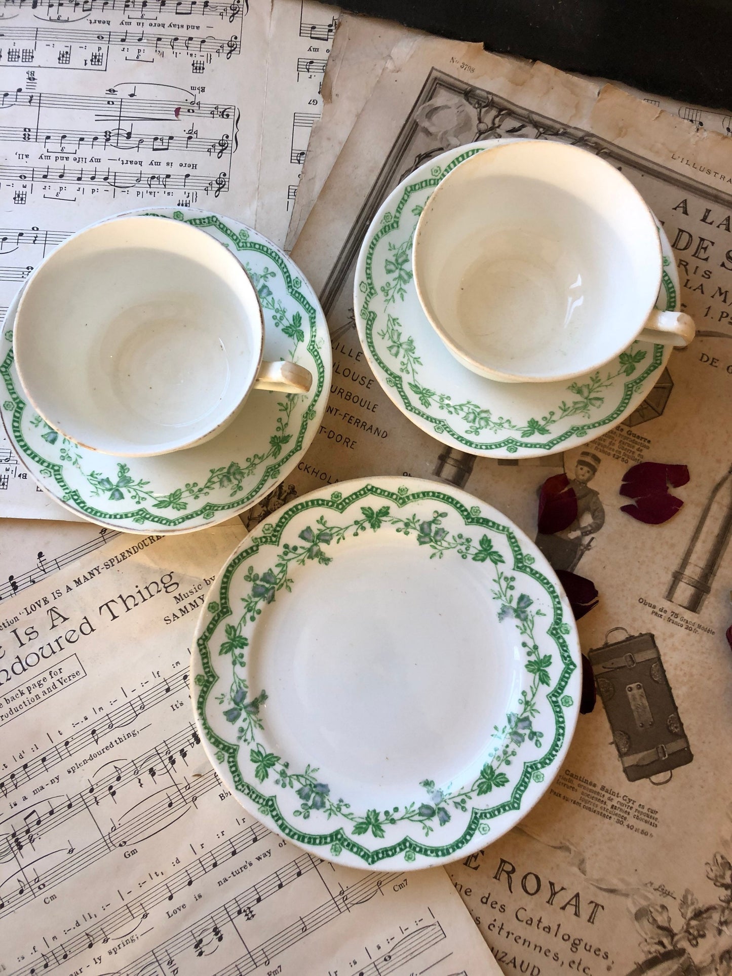 Art Nouveau Royal Stafford (Thomas Poole) Antique Tea Set / Tea Cups / Saucers / Cake Plate / White / Green / Blue Floral