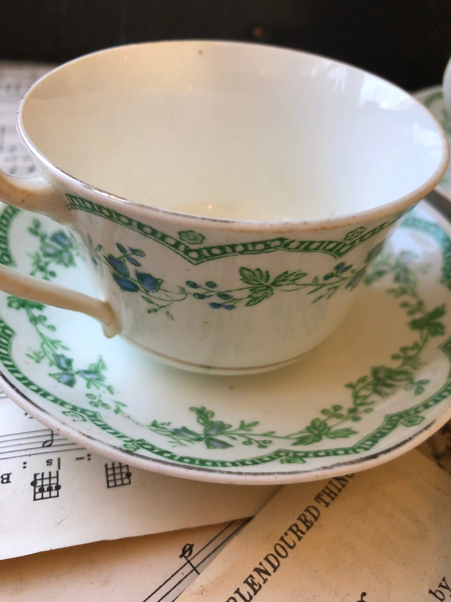 Art Nouveau Royal Stafford (Thomas Poole) Antique Tea Set / Tea Cups / Saucers / Cake Plate / White / Green / Blue Floral