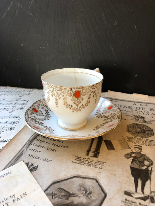 Art Deco Salisbury Royal Pendant Bone China Vintage Cup and Saucer / Gold Chintz Pattern / Orange Hand Painted Detail