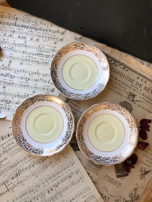 Vintage Gold Chintz and Yellow Saucers / Set of Three / Decoration by Sandbach Rd Pottery, Cobridge, Staffordshire / Filigree