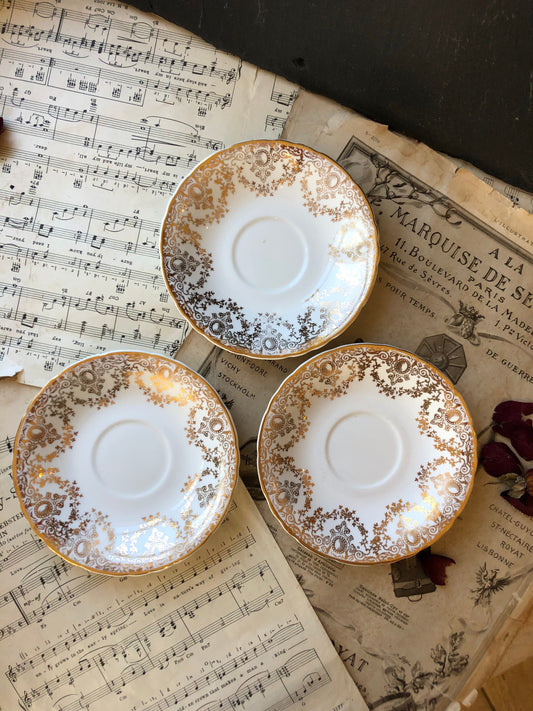 Three Vintage Bone China Saucers / Gold Chintz / Royal Pendant / Gilt Filigree