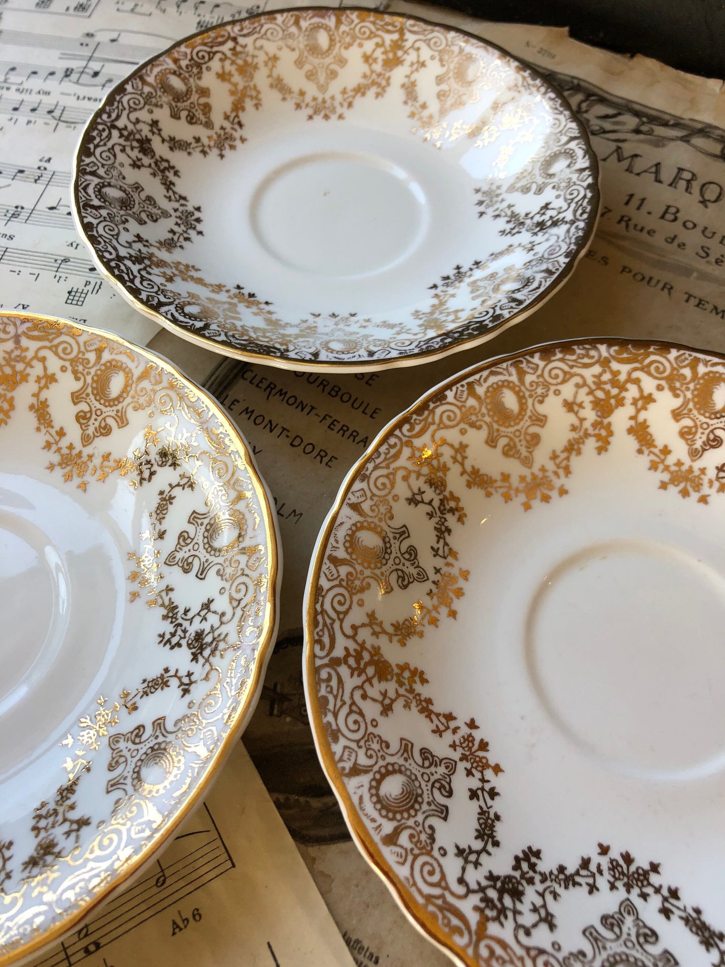 Three Vintage Bone China Saucers / Gold Chintz / Royal Pendant / Gilt Filigree