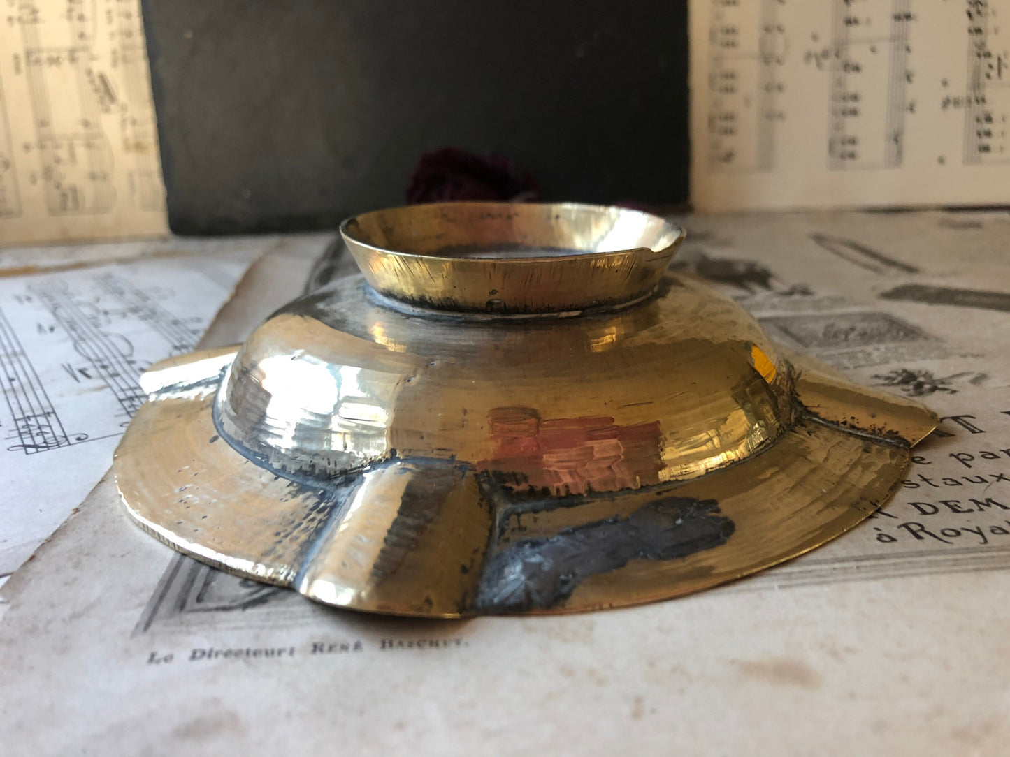 Vintage Chinese Solid Hammered Handmade Brass Ashtray / Hand Etched Design / Made in China / Soap Dish