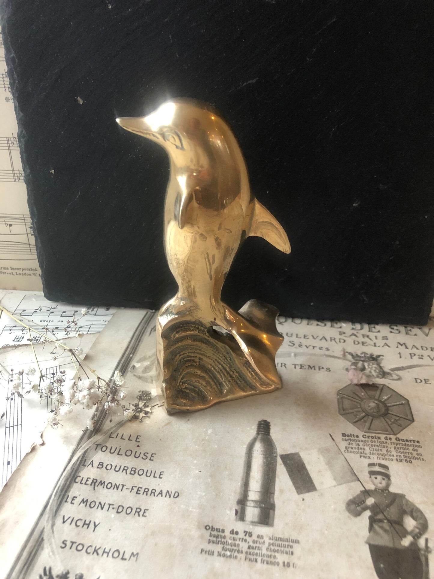 Vintage Brass Model of a Leaping Dolphin Riding a Wave