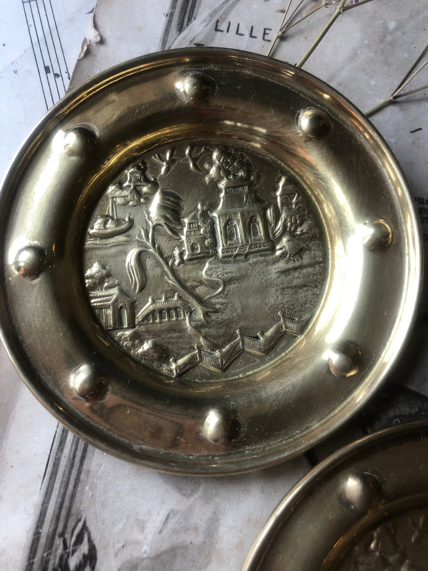 Pretty Pair of Oriental Themed  Brass Round Trinket Dishes / Pin Dish / Brass Plates / Brass Collectible / Coin Tray / Ring Tray