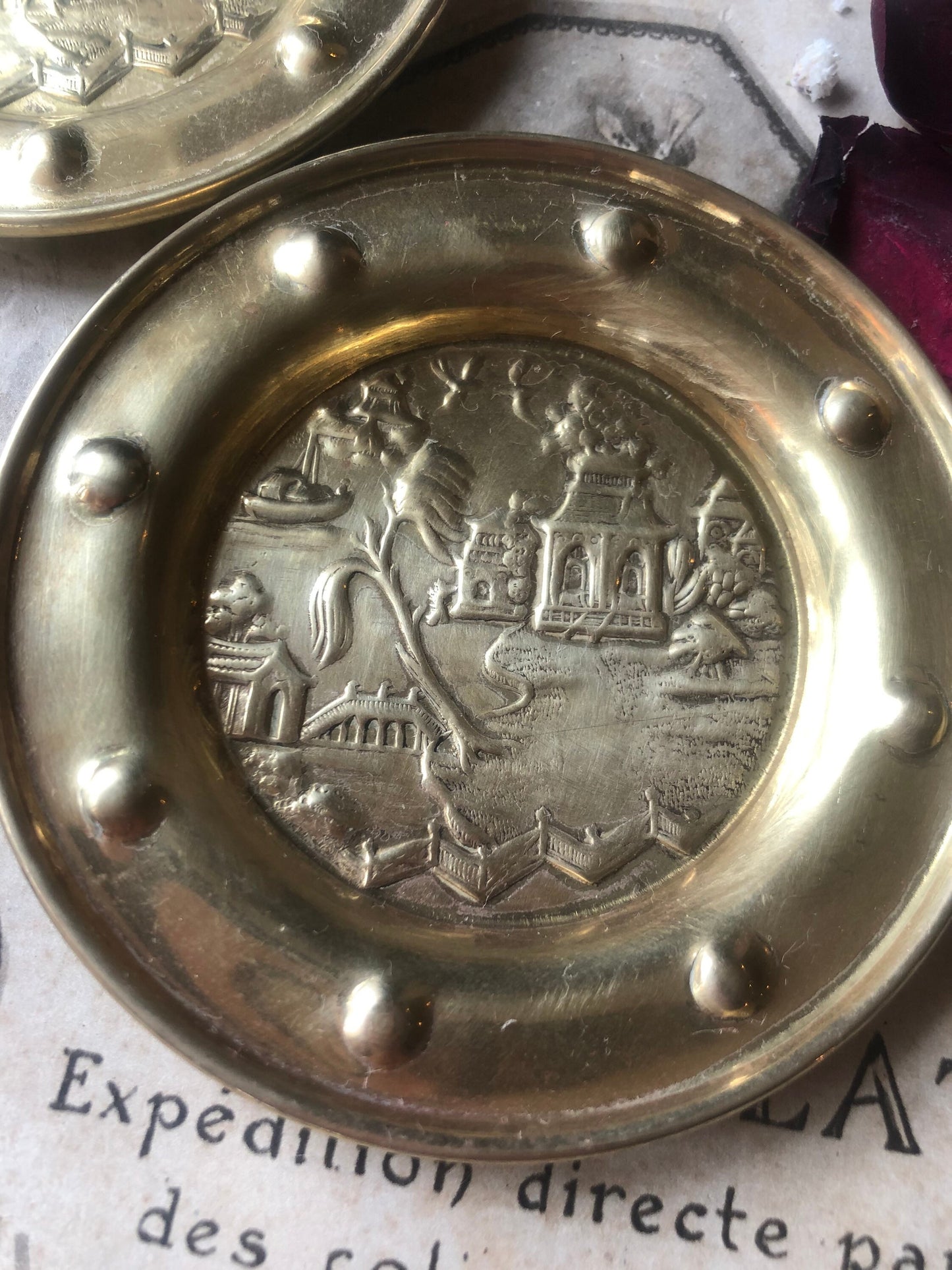 Pretty Pair of Oriental Themed  Brass Round Trinket Dishes / Pin Dish / Brass Plates / Brass Collectible / Coin Tray / Ring Tray