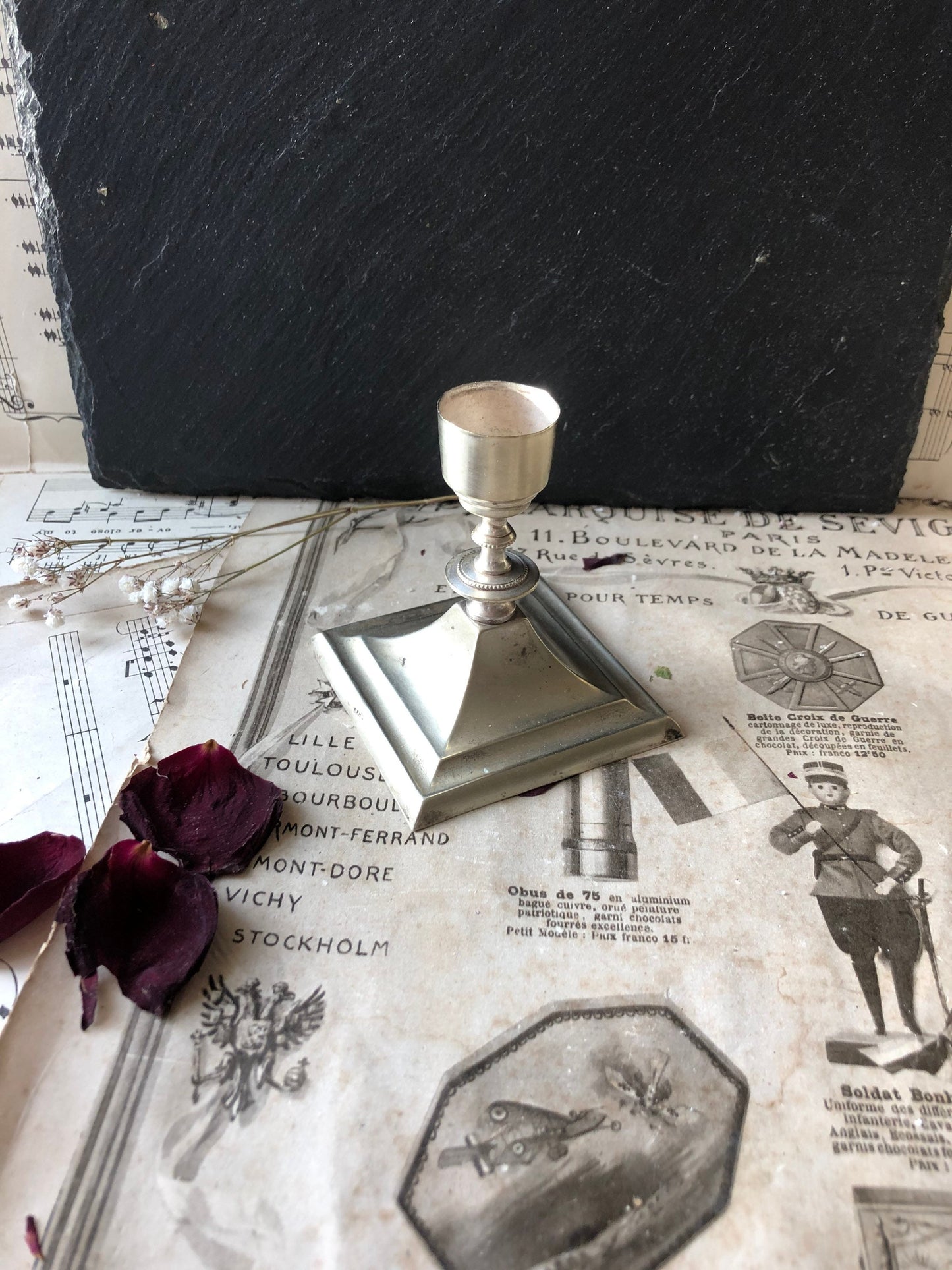 Vintage Silver Plate Square Base Single Candlestick / Candle Holder / Aged Silver Plate / Art Deco