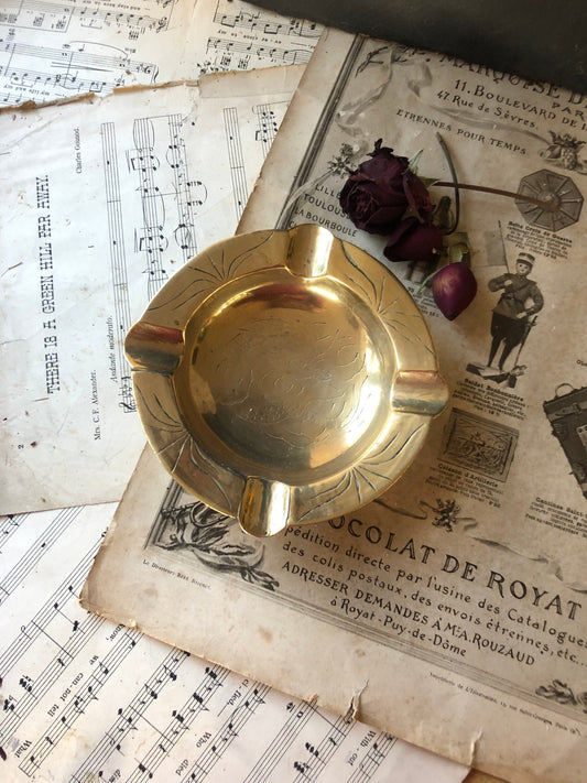 Vintage Chinese Solid Hammered Handmade Brass Ashtray / Hand Etched Design / Made in China / Soap Dish