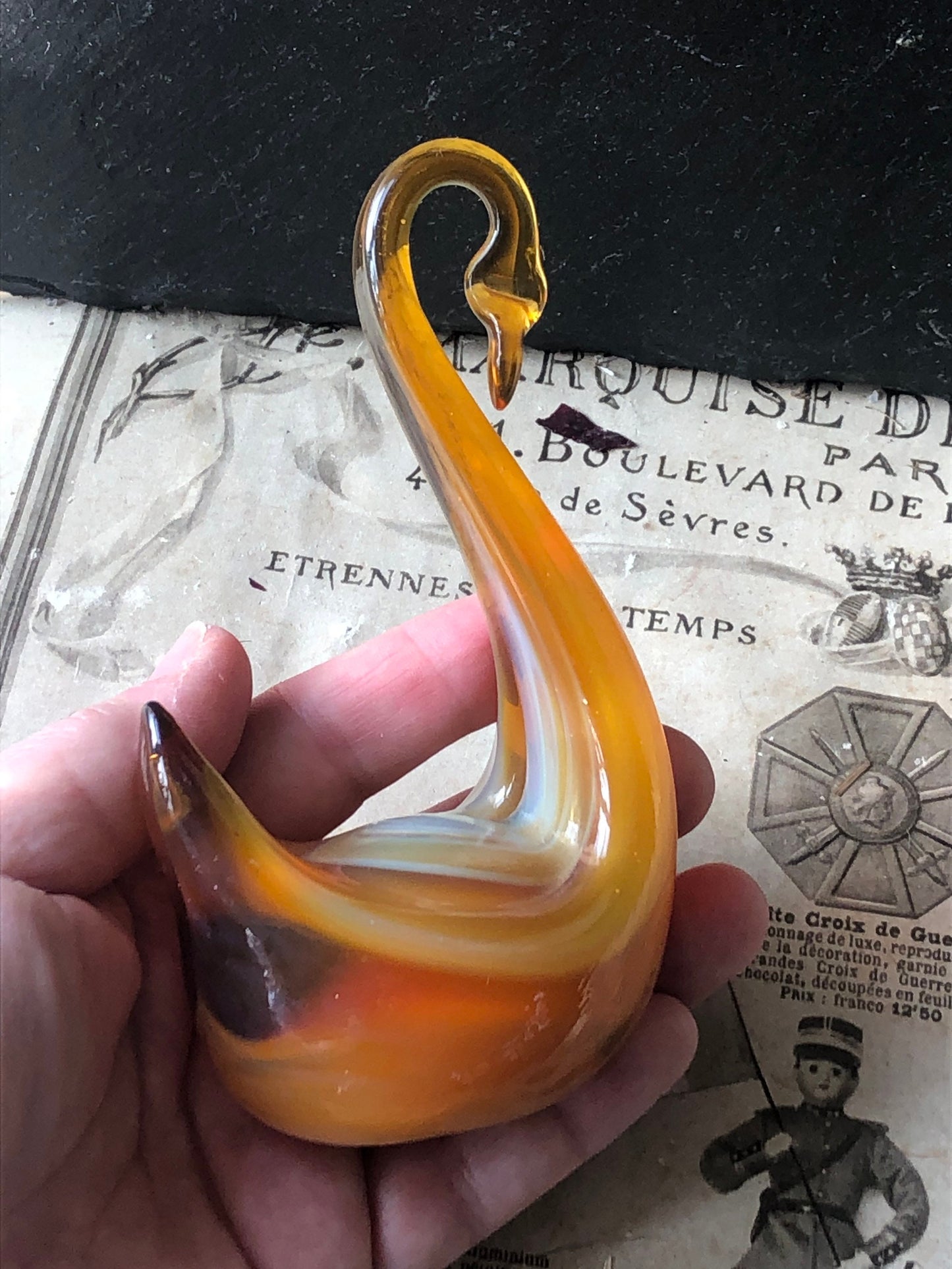 Vintage Swan Glass Paperweight / Hand Made / Hand Blown / Art Glass Ornament / Amber