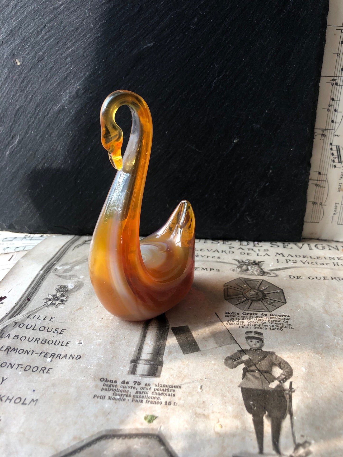 Vintage Swan Glass Paperweight / Hand Made / Hand Blown / Art Glass Ornament / Amber